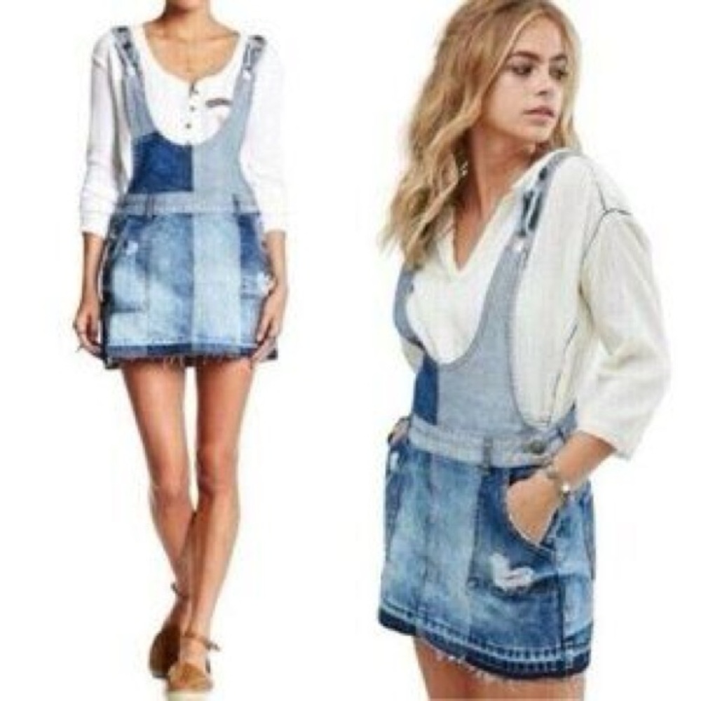 Free People Boho Patchwork Blues Denim Overall Skirt Dress Jumper Sz 4 - Picture 2 of 9